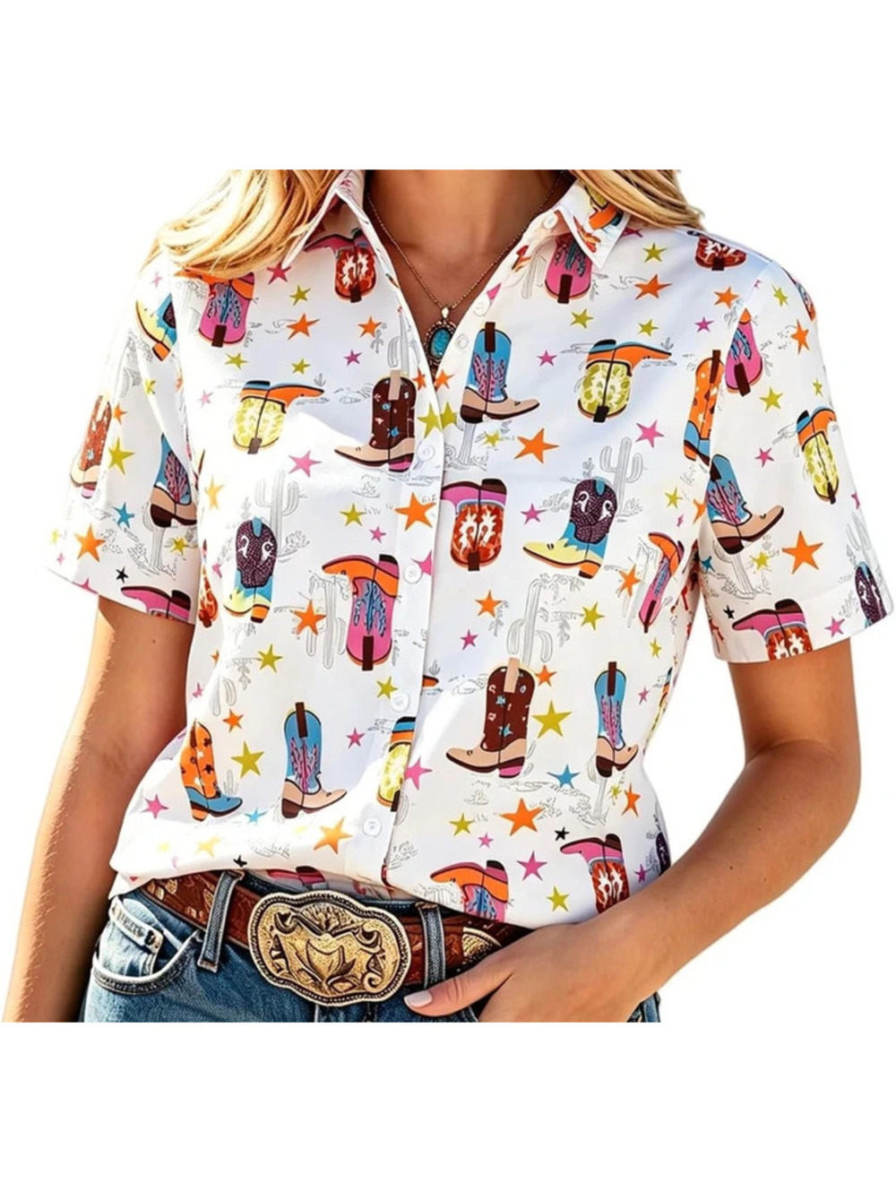 Western Cowgirl Button-Up Shirt Boots Cactus Star Print NWT